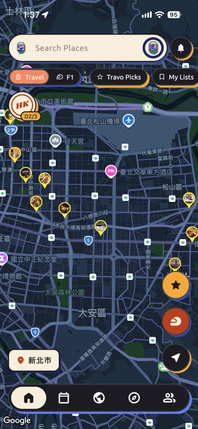 Travo 首頁地圖:台北的打卡照片釘選,以及旅行與 F1 地圖模式